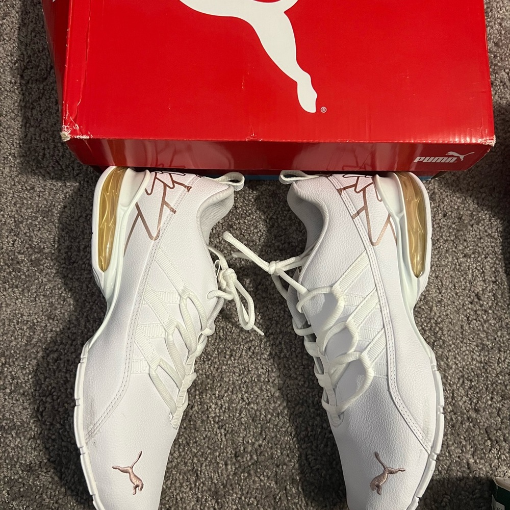 Puma White and Gold Athletic Shoes